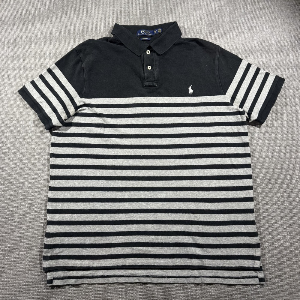 Polo Ralph‎ Lauren Custom Fit Polo Shirt Mens XL Black Gray Striped Cotton Knit
